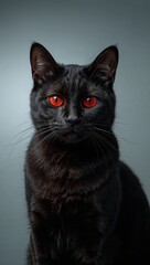 Mysterious black cat with striking red eyes on grey background, halloween aesthetics, spooky feline portrait, gothic pet concept