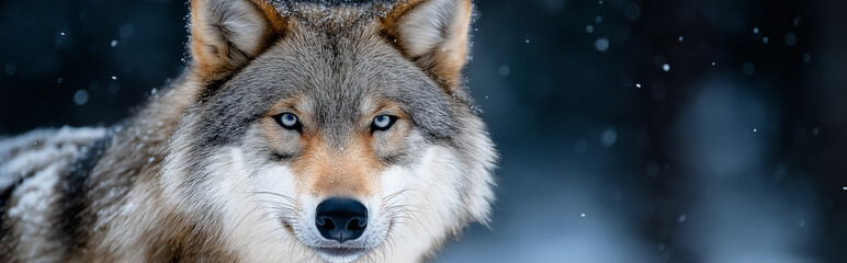 Obraz premium Close-up of gray wolf with piercing eyes in snowy forest during winter