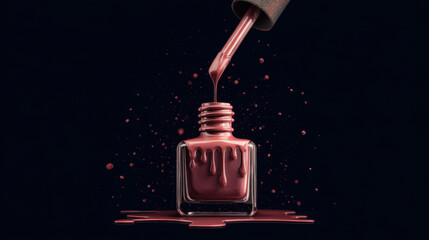Nail polish bottle with brush dripping color creating a puddle on a dark background, artistic product shot