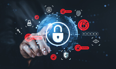 Cybersecurity threat detection concept with digital padlock, data protection icons, and hand interacting on futuristic background interface screen.