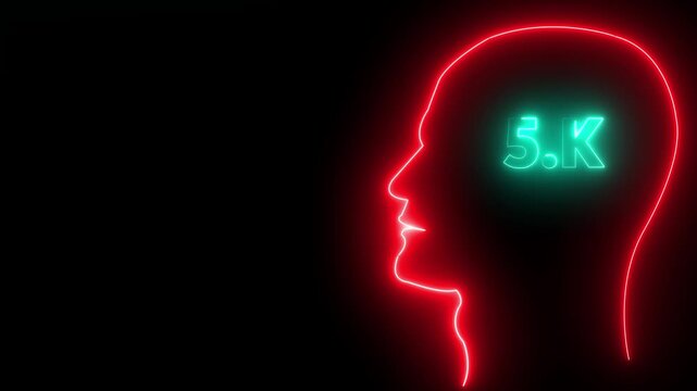 Installing 5k concept in human head profile.Congratulations. subscribers. neon number. Alpha channel animation in Easy to put into any video. neon 6k Follower neon Text And Firework Animation Subscrib