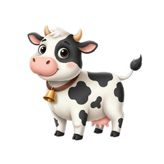 Cartoon Cow With Black And White Spots Wearing A Bell Collar Isolated On A Transparent Background With Soft Lighting