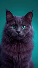 Obraz premium Majestic fluffy grey cat with striking green eyes sitting against teal background looking directly at camera