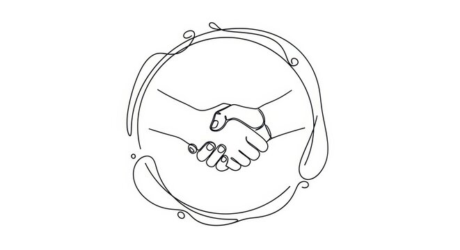Minimalist one line drawing depicting a handshake within a decorative circular frame conveying