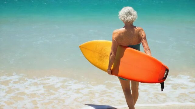 Video A woman riding a surfboard on the sandy shore, near the water's edge