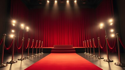 tunicle. Empty award podium on red carpet with velvet ropes, ceremonial space with soft lighting. event programs, museum guides, designed for cultural heritage projects and event programs.