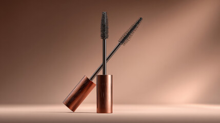 Elegant duo of mascara tubes with exposed brushes, embodying beauty and sophisticated makeup essentials, ideal for cosmetic branding and personal care advertisements