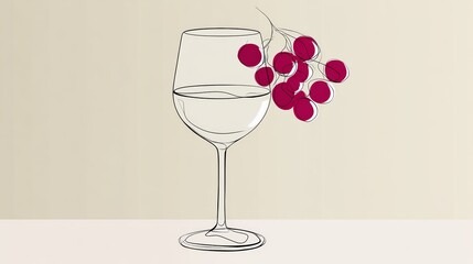 Elegant line art illustration of a wine glass filled with clear liquid, adorned with a cluster of red cherries, set against a soft beige background, showcasing minimalist design and artistic flair