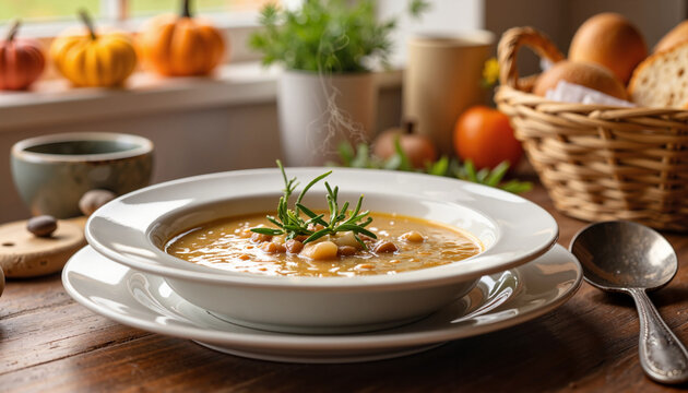 Cozy autumn mushroom soup on kitchen table, seasonal warmth