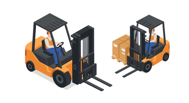 Isometric forklift with driver and cargo in warehouse setting