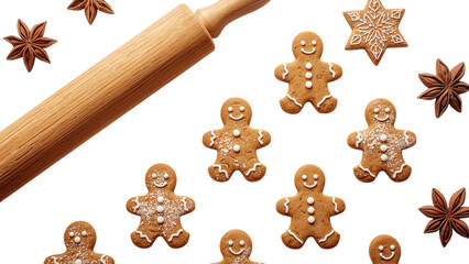 Gingerbread men cookies illustration with a rolling pin, festive Christmas holiday baking artwork, cheerful winter seasonal design, logo, vector design, png file, isolated on white.
