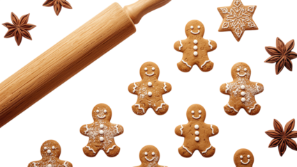 Gingerbread men cookies illustration with a rolling pin, festive Christmas holiday baking artwork, cheerful winter seasonal design, logo, vector design, png file, isolated on white.