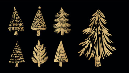 Gold Christmas tree set on black, hand drawn illustration	
