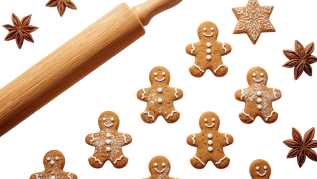 Gingerbread men cookies illustration with a rolling pin, festive Christmas holiday baking artwork, cheerful winter seasonal design, logo, vector design, png file, isolated on white.