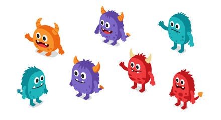 Fototapeta premium Colorful isometric cartoon monsters with various expressions and poses