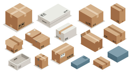 Fototapeta premium Isometric cardboard and shipping boxes set for delivery and packaging