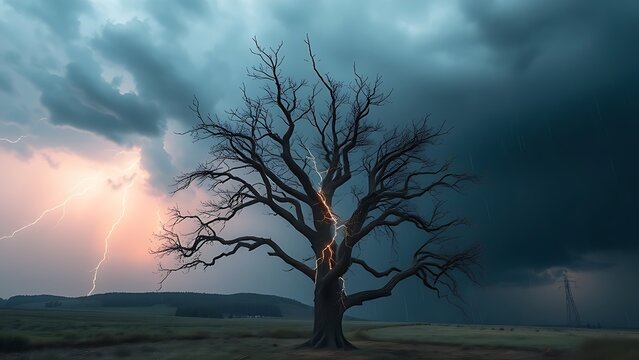 predictability. A solitary tree struck by lightning during a storm with dramatic sky. ESG reports, sustainability campaigns, designed for sustainability communications and ESG reporting.