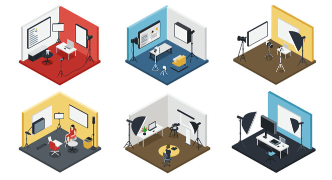 Isometric photography studios with modern equipment in various color themes