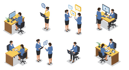 Isometric office scenes featuring businesswomen in various collaborative work settings