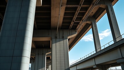 Fototapeta premium nationalizing. Massive bridge pillar supporting elevated roadway with architectural detail in daylight. real-estate listings.