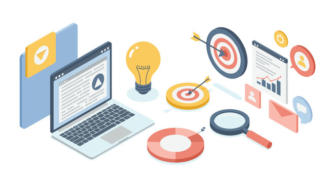 Isometric digital marketing tools and data analytics concept