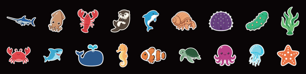 An Underwater Set of Cute Cartoon Marine Life and Sea Creatures Stickers, Icons, and Symbols Collection, highlighting ocean inhabitants such as whales, sharks, jellyfish, and coral in a colorful