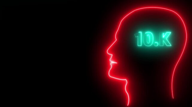 Installing10k concept in human head profile.Congratulations. subscribers. neon number. Alpha channel animation in Easy to put into any video. neon 6k Follower neon Text And Firework Animation Subscrib