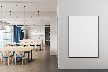 Blank poster mockup on light wall in modern dining room interior with wooden furniture and blue accents, clean and minimalistic layout template. 3D Rendering