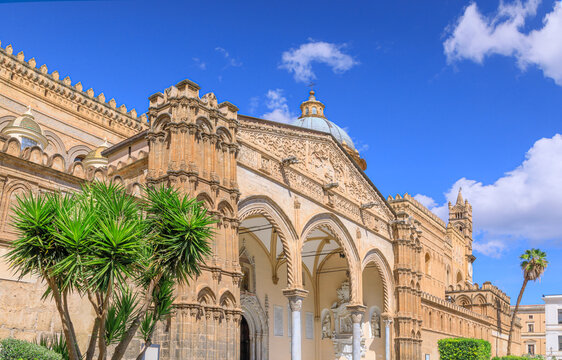 Palermo Cathedral with portico of main facade in Sicily, Italy. 