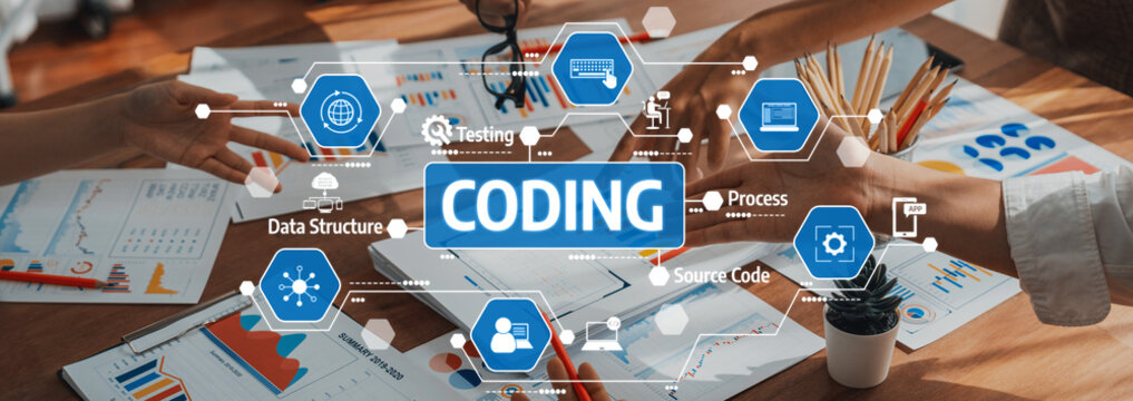 This image illustrates a collaborative coding environment with hands engaged in coding tasks, showcasing charts, graphs, and process mapping for innovative project development. Amity