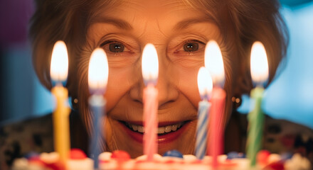 Elderly woman smiling while celebrating birthday with cake and candles