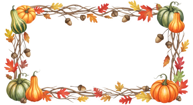 Watercolor Autumn Border Frame with Pumpkins, Gourds, Leaves, and Acorns for Harvest Design isolated PNG with Transparent Background