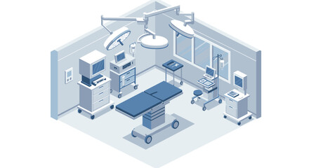 Obraz premium Modern isometric operating room with medical equipment in monochrome design