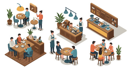 Cozy isometric cafe scenes with people interacting and relaxing in modern coffee shop environments