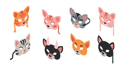 Fototapeta premium Colorful animal masks set: cats and foxes in flat design with playful expressions