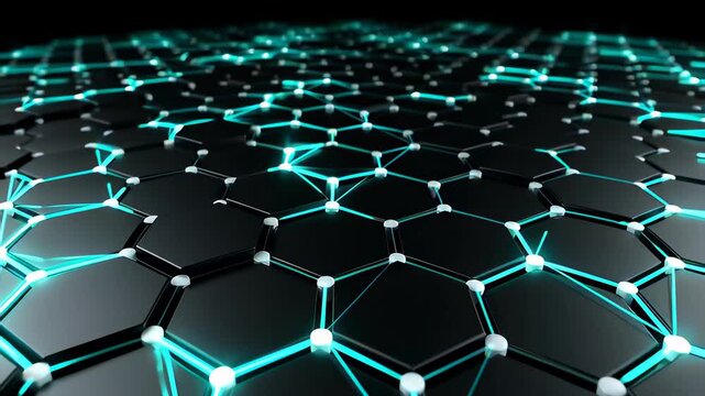 Glowing cyan network lines connecting over a black hexagon grid in a seamless 3D loop, illustrating abstract technology and blockchain security concepts