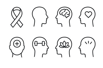 Minimalist icons representing mental health and wellness concepts in linear style