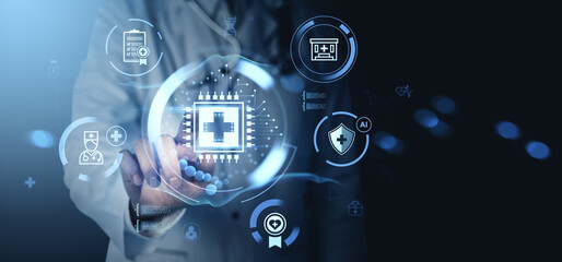 Futuristic healthcare technology interface with doctor interacting with digital medical icons in a modern innovation concept user interface background.