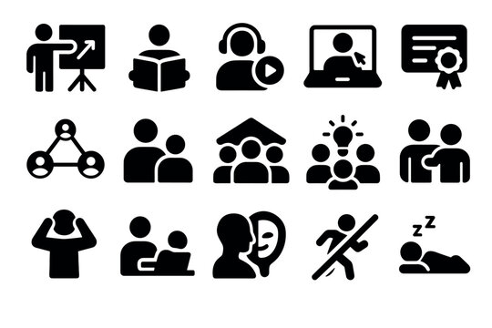 Business and communication icons: training, networking, and learning concepts in black silhouette