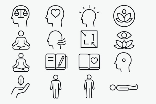 Minimalist icons for mental health and wellness: mindfulness, meditation, and self-care