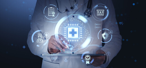 Doctor interacting with digital healthcare interface showing medical technology icons and futuristic elements on a blue background for innovation concept.