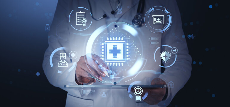 Doctor interacting with digital healthcare interface showing medical technology icons and futuristic elements on a blue background for innovation concept.