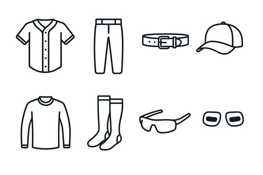 Outline icons of baseball gear and accessories for sports enthusiasts