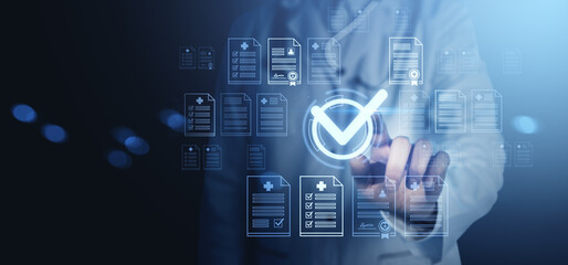Digital document verification and approval concept with doctor interacting with medical forms on futuristic interface background using creative technology..