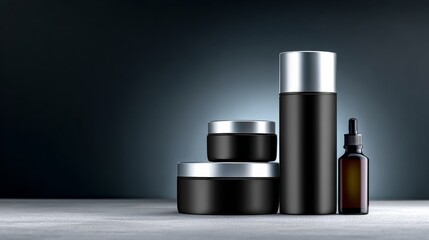 Black cosmetic containers arranged artistically on a smooth surface, showcasing elegant design and modern aesthetics, ideal for beauty product branding and marketing purposes