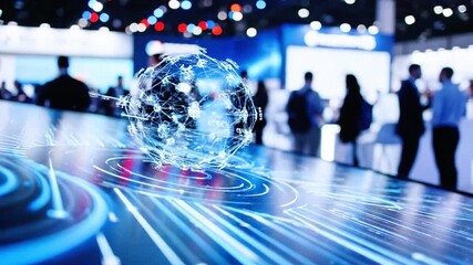 Abstract digital sphere with data overlaid on a modern venue with people in the background - Powered by Adobe