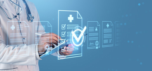Doctor interacting with futuristic digital medical forms and checklists on virtual interface background illustrating health data management concept.