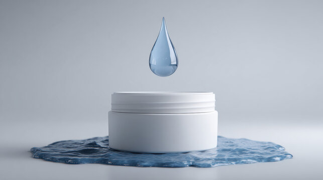 Luminous blue water drop hovering over a pristine white cosmetic jar, symbolizing deep hydration and purity for advanced skincare and beauty product concepts