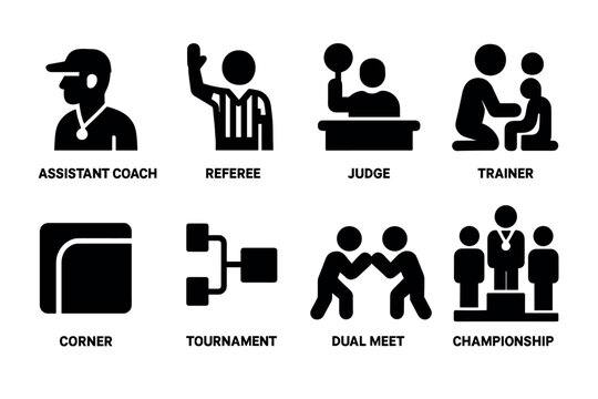 Wrestling tournament icons featuring coach, referee, judge, and trainer in bold silhouette style