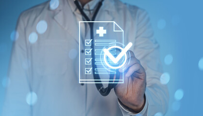 Medical checklist concept with doctor holding stethoscope and digital document icon with checkmark...